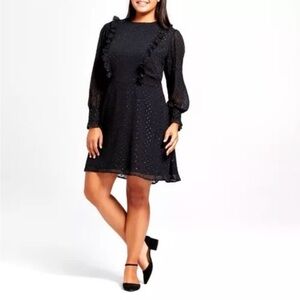 NWT a new day swiss dot ruffle chest black dress size XS fit and flare